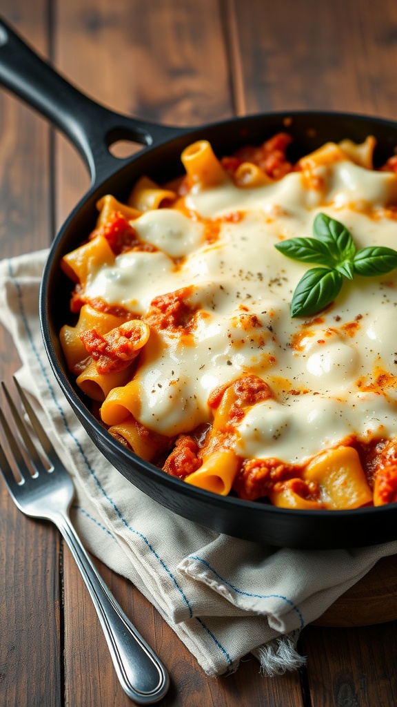 One-pan cheesy lasagna skillet with melted cheese, broken noodles, and fresh basil.